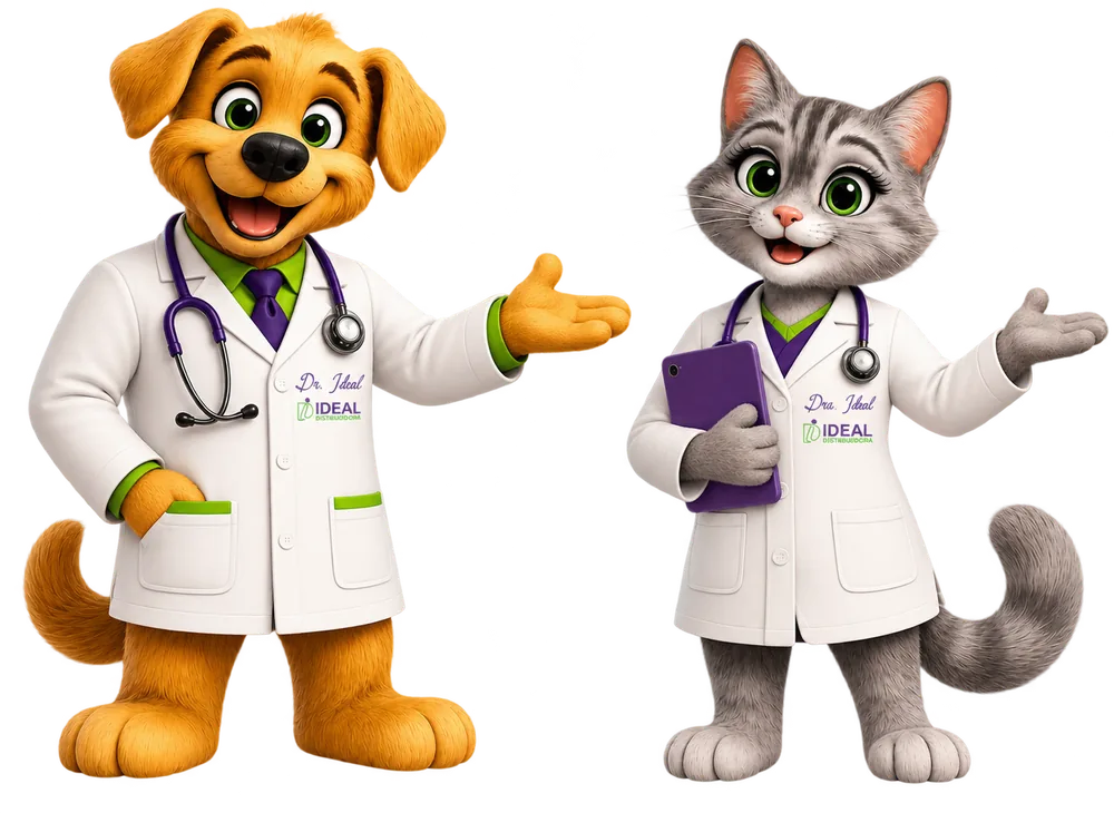 Os mascotes da Ideal apresentando, a gata segurando um tablet