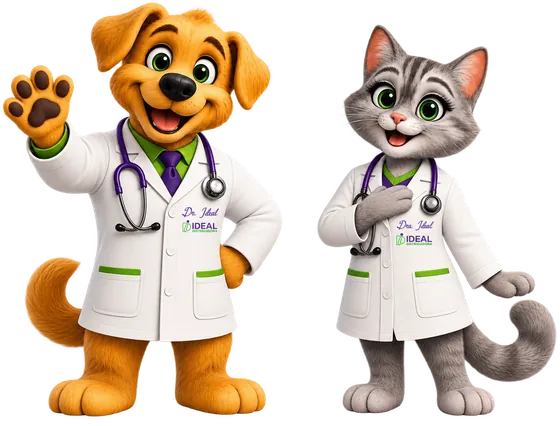 Dr. Ideal acenando e Dra. Ideal com a pata no peito